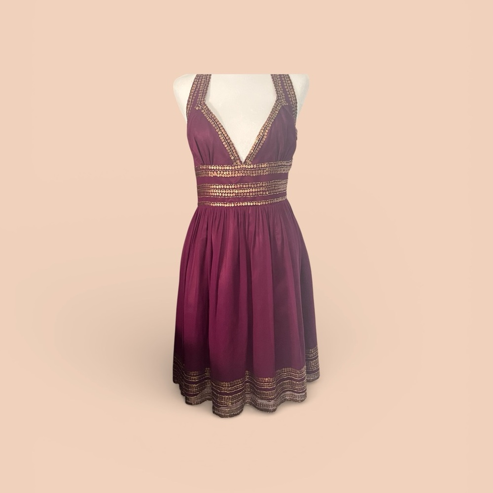 Adrianna Papell Burgundy Beaded Halter Dress Size 6